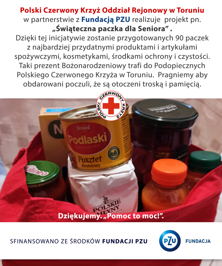 Plakat projektu "Świąteczna paczka dla Seniora". Na plakacie znajduje się zdjęcie torby z produktami spożywczymi i logiem Fundacji PZU.