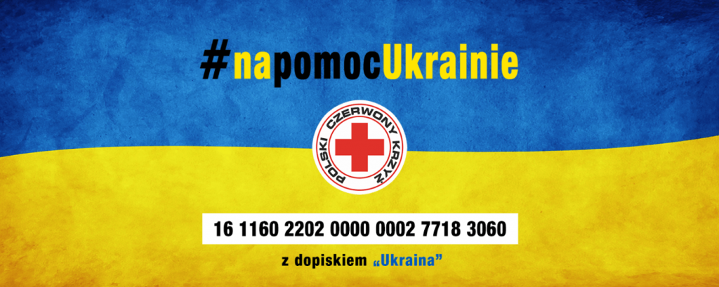 Plakat zbiórki środków finansowych na Ukrainę. Podany numer konta 16 1160 2202 0000 0002 7718 3060 z dopiskiem Ukraina